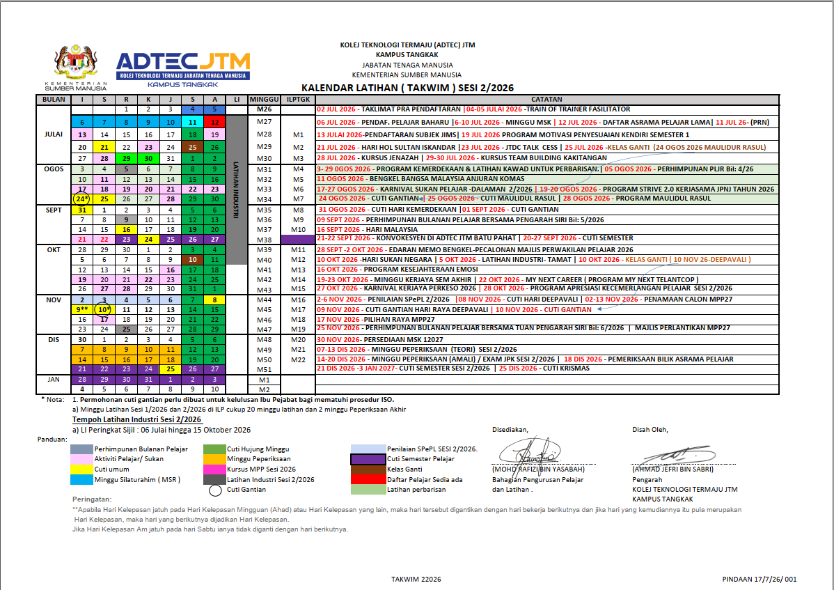 Takwim / Kalendar Latihan